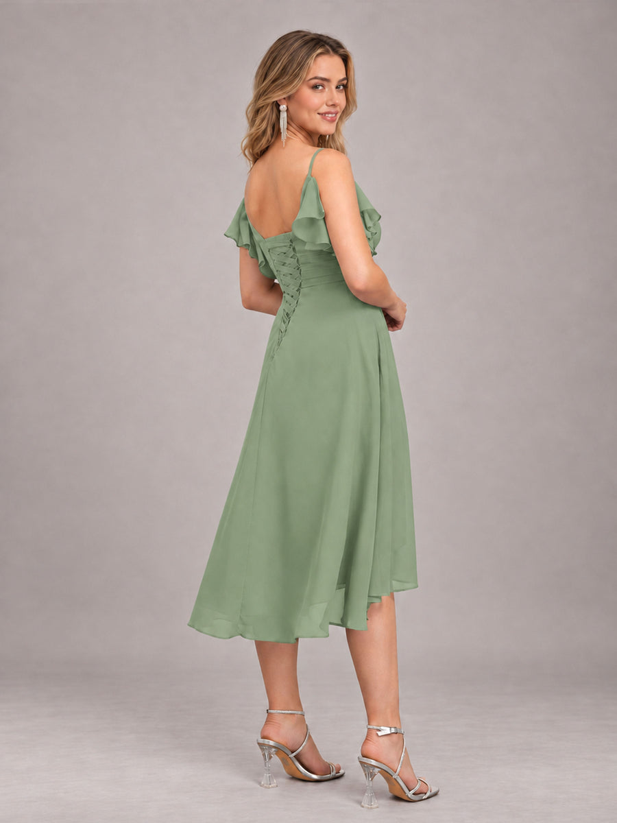 Sage Green Beautiful Ruffles High Low Knee Length Chiffon Bridesmaid Dress