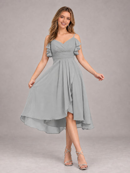 Silver Beautiful Ruffles High Low Knee Length Chiffon Bridesmaid Dress