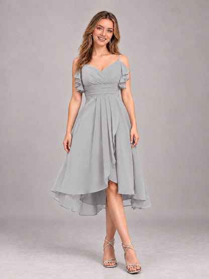Silver Beautiful Ruffles High Low Knee Length Chiffon Bridesmaid Dress