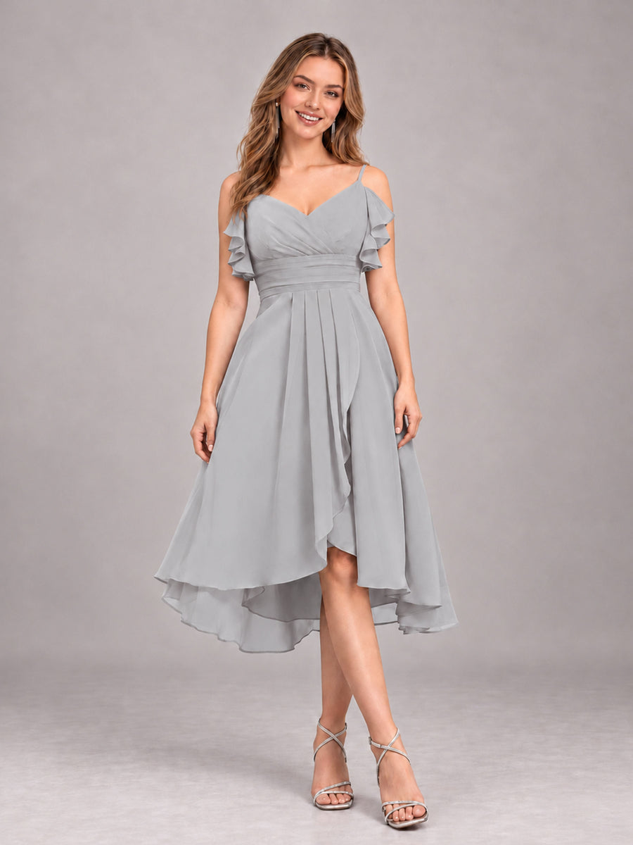 Silver Beautiful Ruffles High Low Knee Length Chiffon Bridesmaid Dress