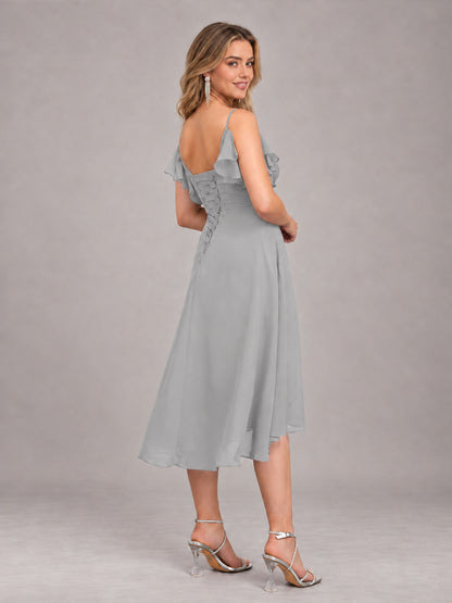 Silver Beautiful Ruffles High Low Knee Length Chiffon Bridesmaid Dress