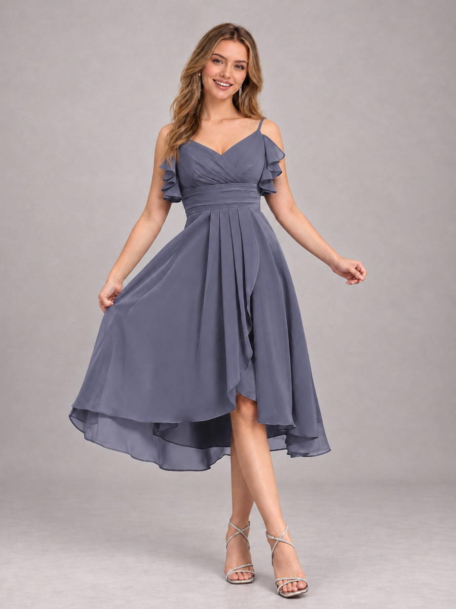 Stormy Blue Beautiful Ruffles High Low Knee Length Chiffon Bridesmaid Dress