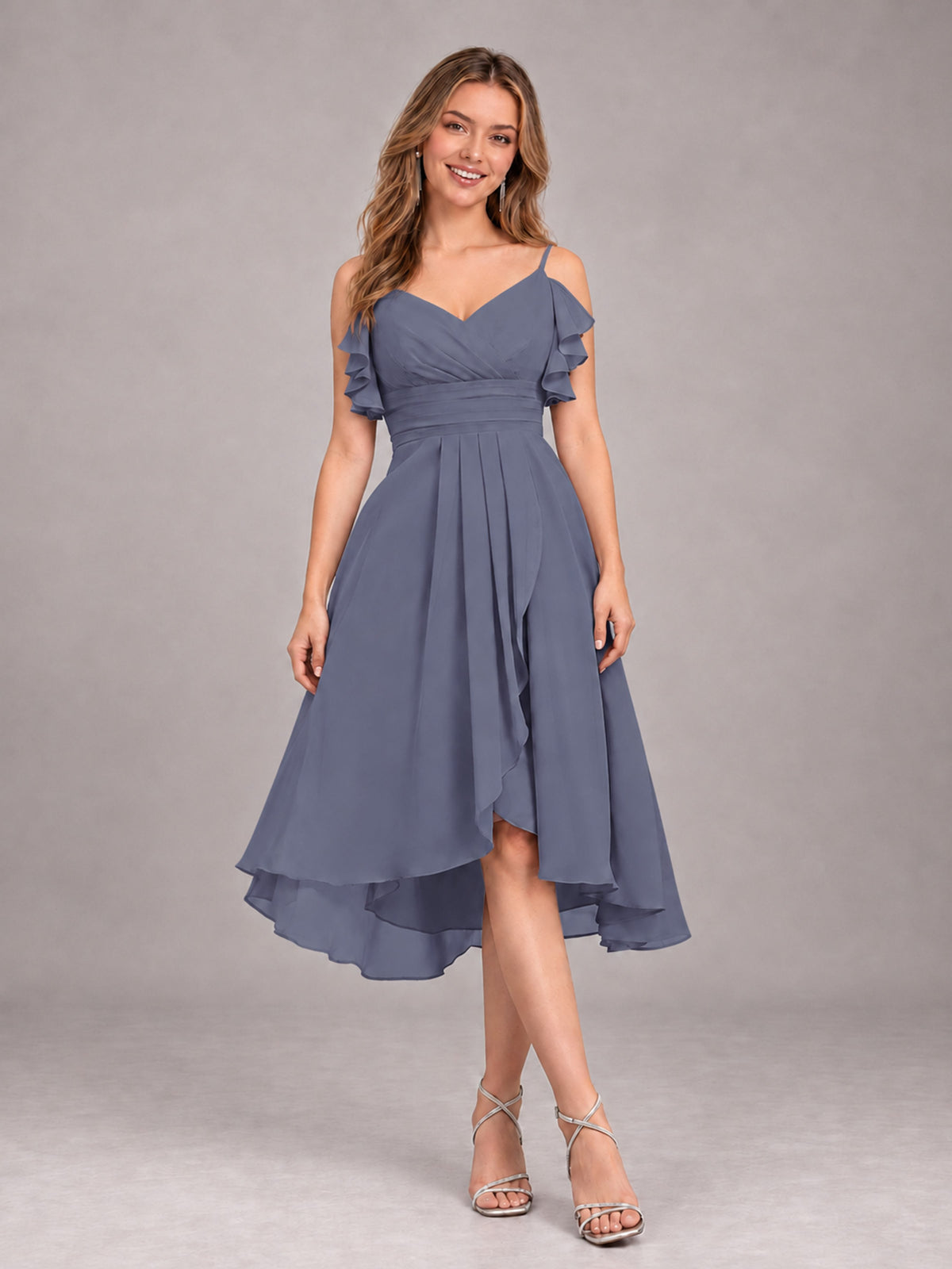Stormy Blue Beautiful Ruffles High Low Knee Length Chiffon Bridesmaid Dress