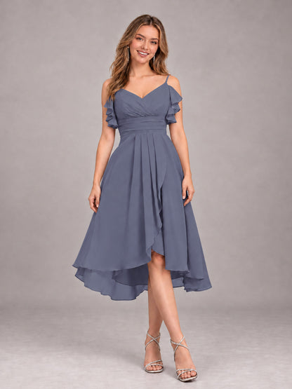 Stormy Blue Beautiful Ruffles High Low Knee Length Chiffon Bridesmaid Dress