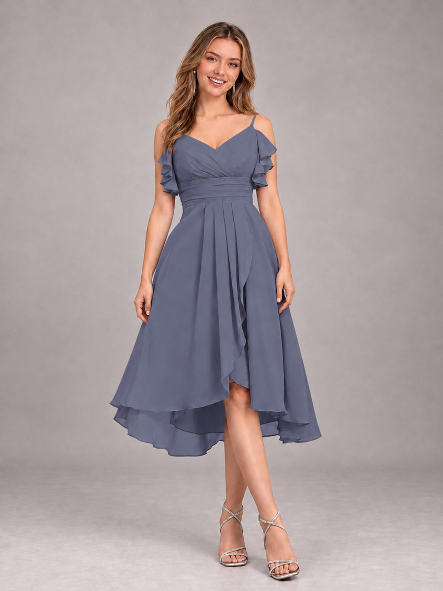 Stormy Blue Beautiful Ruffles High Low Knee Length Chiffon Bridesmaid Dress