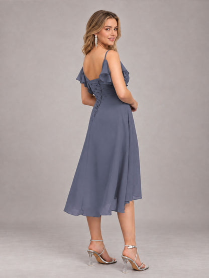 Stormy Blue Beautiful Ruffles High Low Knee Length Chiffon Bridesmaid Dress