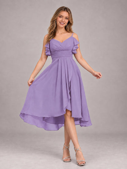 Tahiti Beautiful Ruffles High Low Knee Length Chiffon Bridesmaid Dress