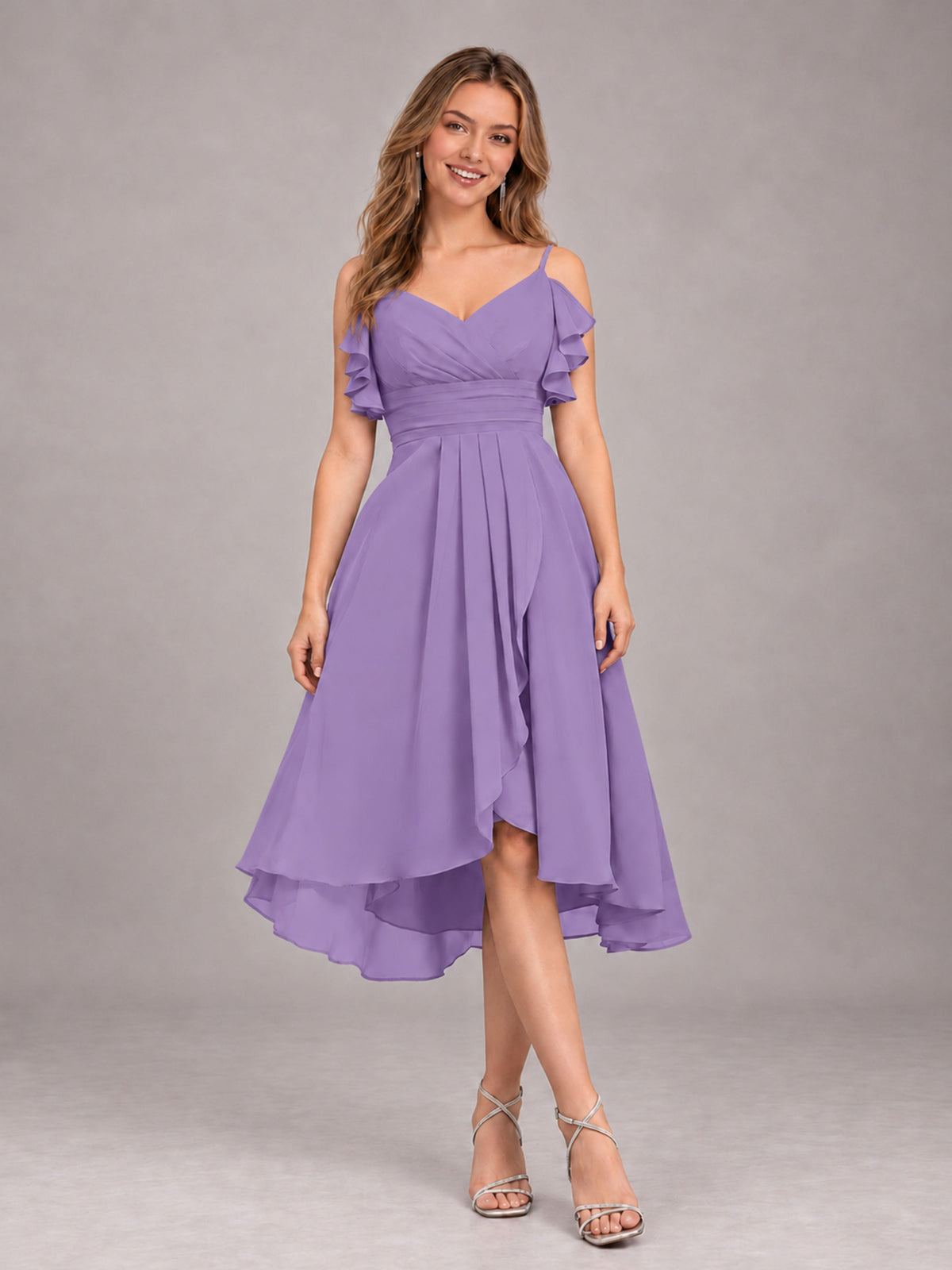 Tahiti Beautiful Ruffles High Low Knee Length Chiffon Bridesmaid Dress