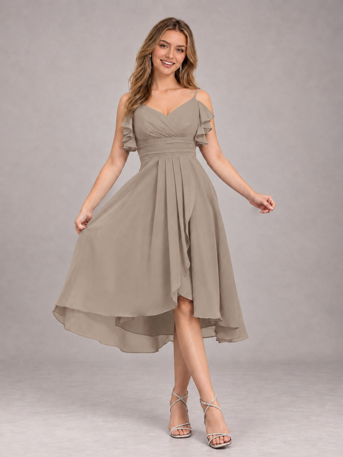 Taupe Beautiful Ruffles High Low Knee Length Chiffon Bridesmaid Dress