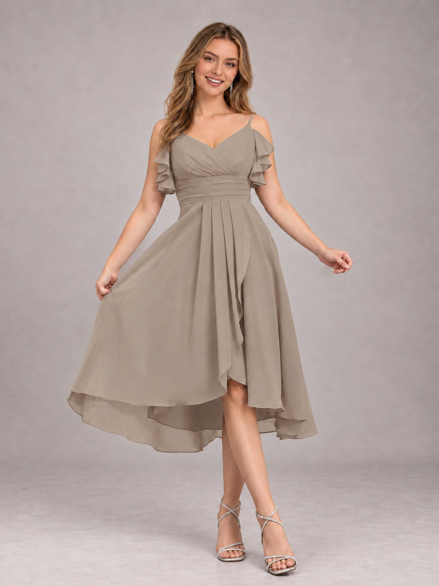 Taupe Beautiful Ruffles High Low Knee Length Chiffon Bridesmaid Dress