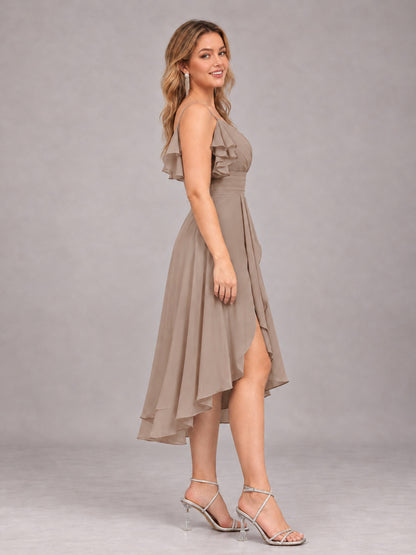 Taupe Beautiful Ruffles High Low Knee Length Chiffon Bridesmaid Dress
