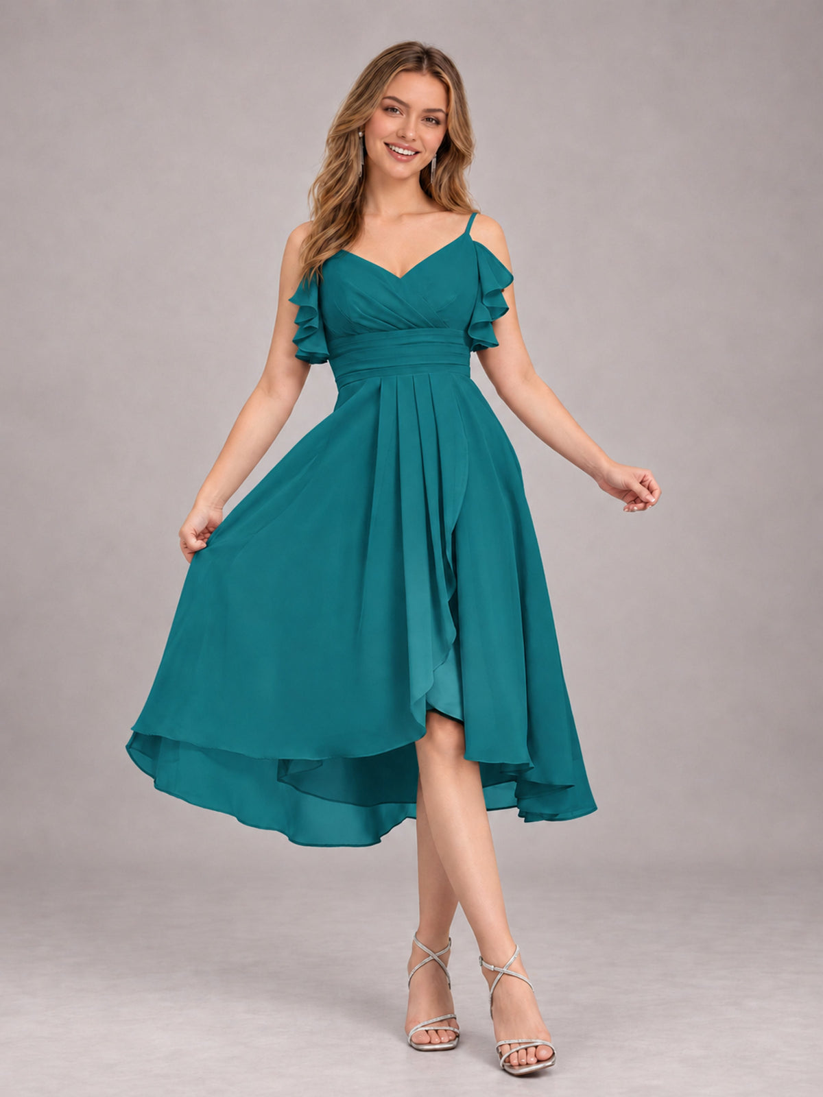 Teal Beautiful Ruffles High Low Knee Length Chiffon Bridesmaid Dress
