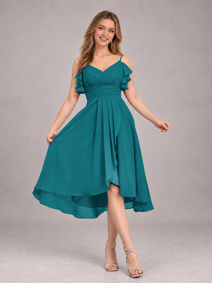 Teal Beautiful Ruffles High Low Knee Length Chiffon Bridesmaid Dress