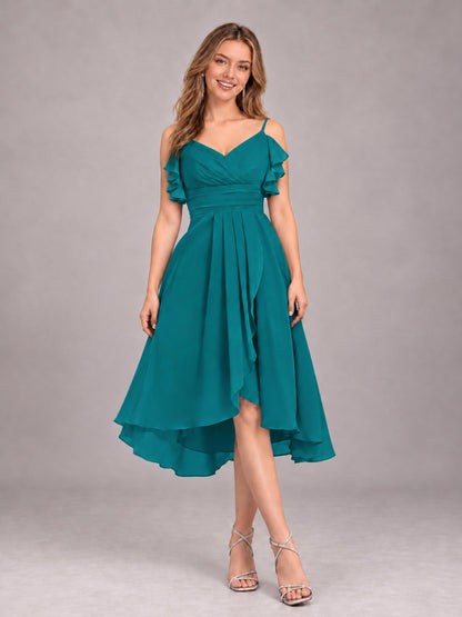 Teal Beautiful Ruffles High Low Knee Length Chiffon Bridesmaid Dress