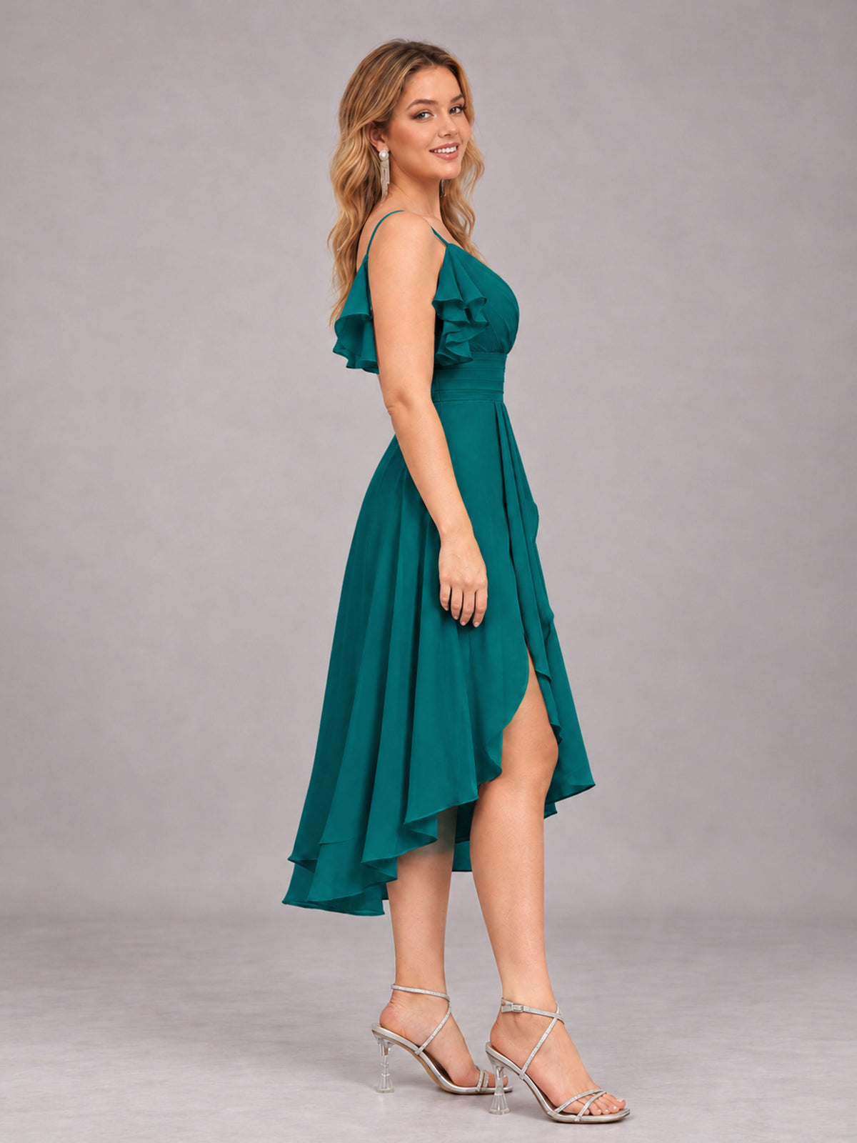 Teal Beautiful Ruffles High Low Knee Length Chiffon Bridesmaid Dress
