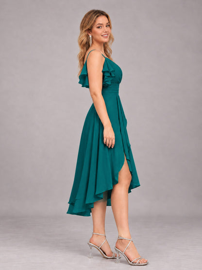 Teal Beautiful Ruffles High Low Knee Length Chiffon Bridesmaid Dress