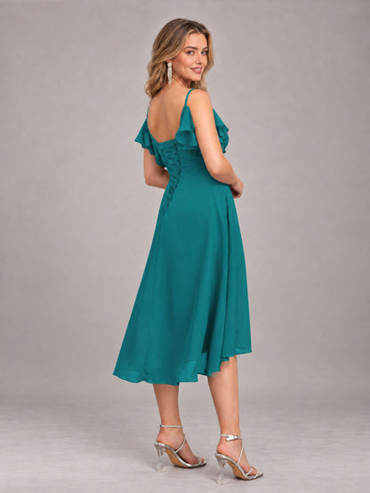 Teal Beautiful Ruffles High Low Knee Length Chiffon Bridesmaid Dress
