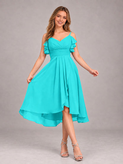 Turquoise Beautiful Ruffles High Low Knee Length Chiffon Bridesmaid Dress