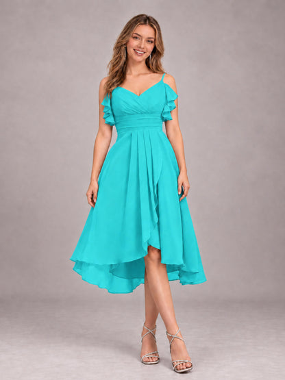 Turquoise Beautiful Ruffles High Low Knee Length Chiffon Bridesmaid Dress
