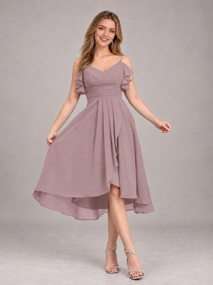 Vintage Mauve Beautiful Ruffles High Low Knee Length Chiffon Bridesmaid Dress