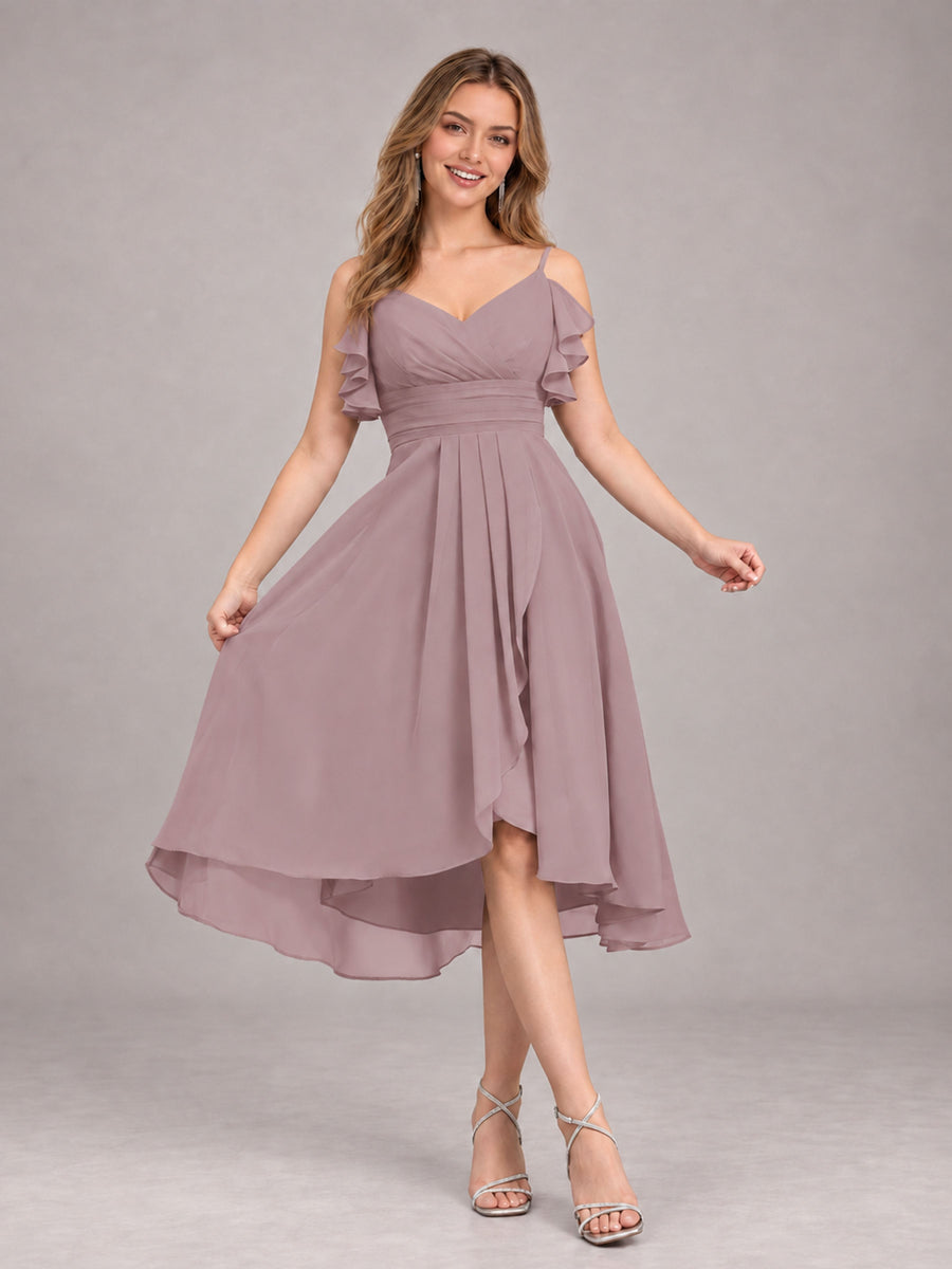 Vintage Mauve Beautiful Ruffles High Low Knee Length Chiffon Bridesmaid Dress