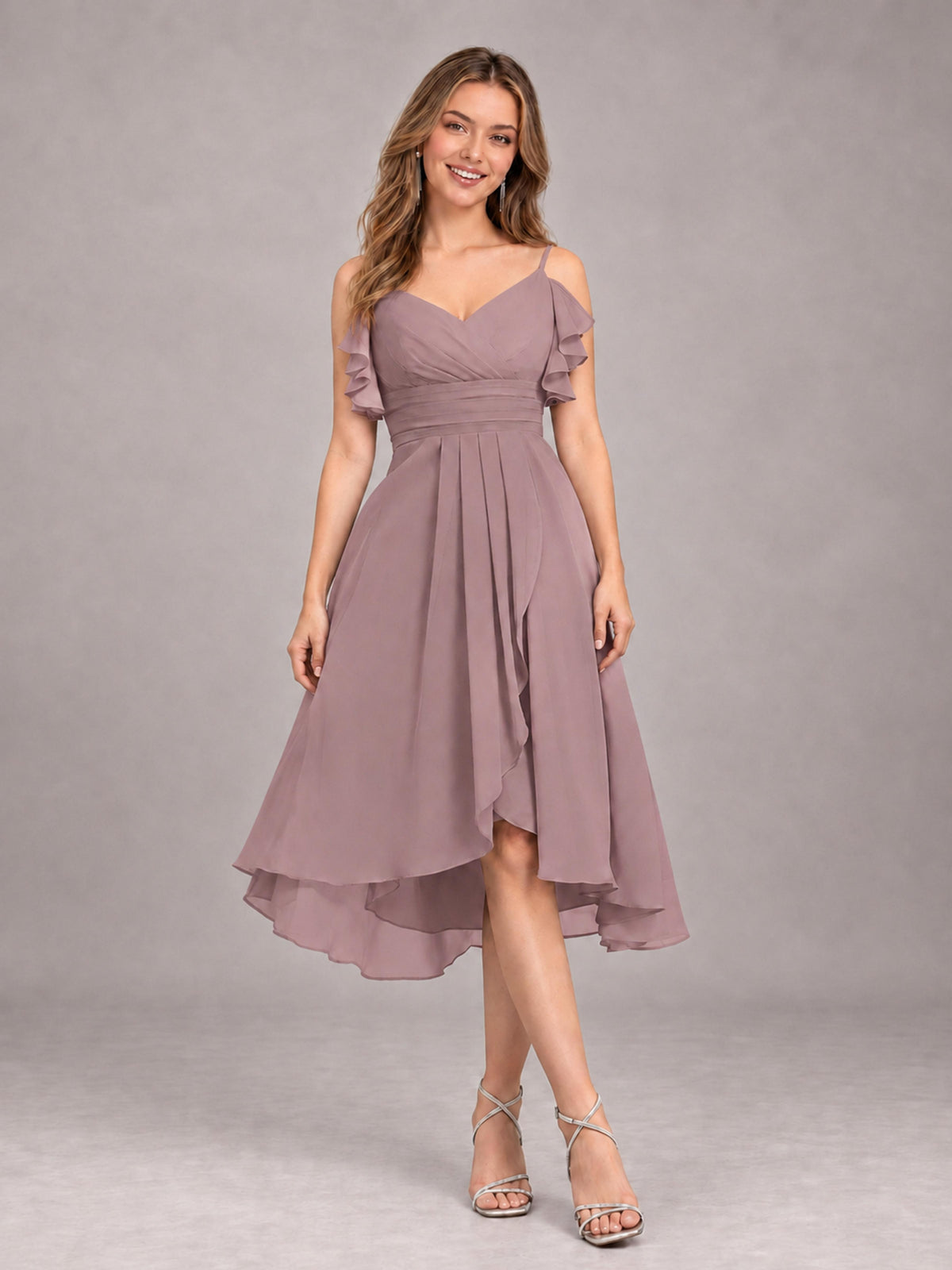Vintage Mauve Beautiful Ruffles High Low Knee Length Chiffon Bridesmaid Dress