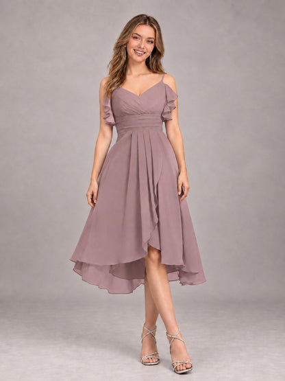 Vintage Mauve Beautiful Ruffles High Low Knee Length Chiffon Bridesmaid Dress