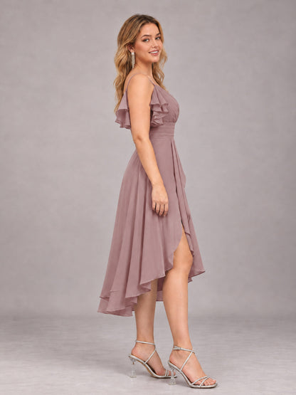 Vintage Mauve Beautiful Ruffles High Low Knee Length Chiffon Bridesmaid Dress