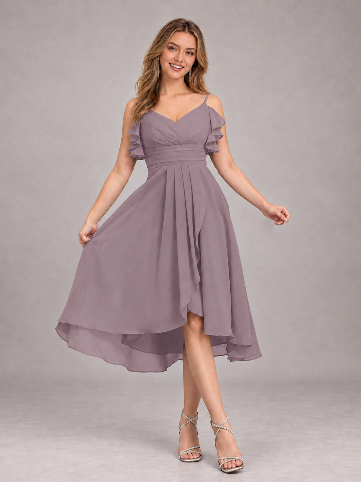 Wisteria Beautiful Ruffles High Low Knee Length Chiffon Bridesmaid Dress
