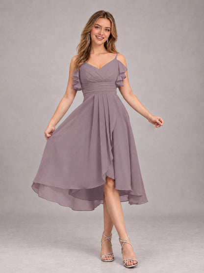 Wisteria Beautiful Ruffles High Low Knee Length Chiffon Bridesmaid Dress