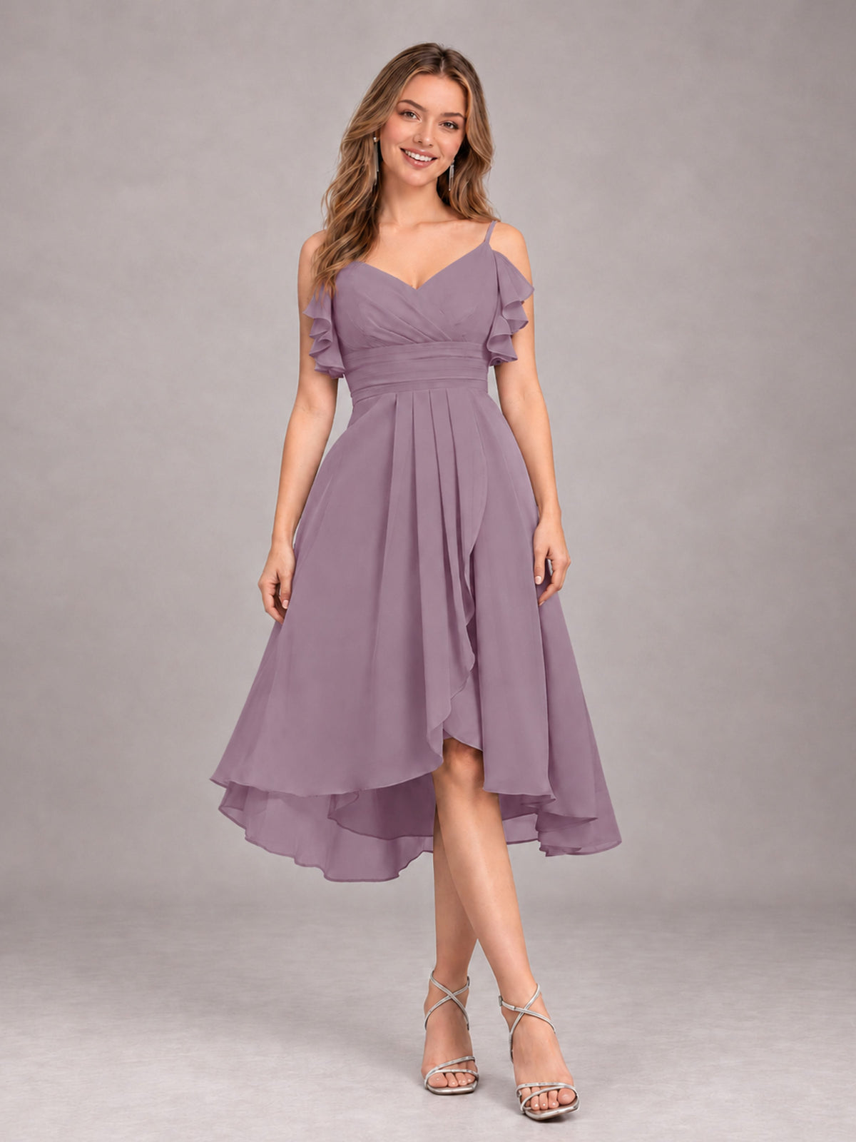 Wisteria Beautiful Ruffles High Low Knee Length Chiffon Bridesmaid Dress
