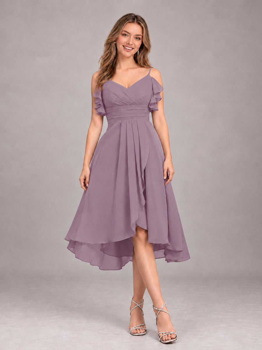 Wisteria Beautiful Ruffles High Low Knee Length Chiffon Bridesmaid Dress