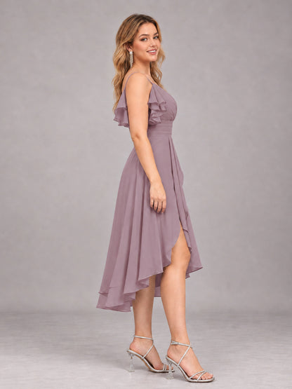Wisteria Beautiful Ruffles High Low Knee Length Chiffon Bridesmaid Dress