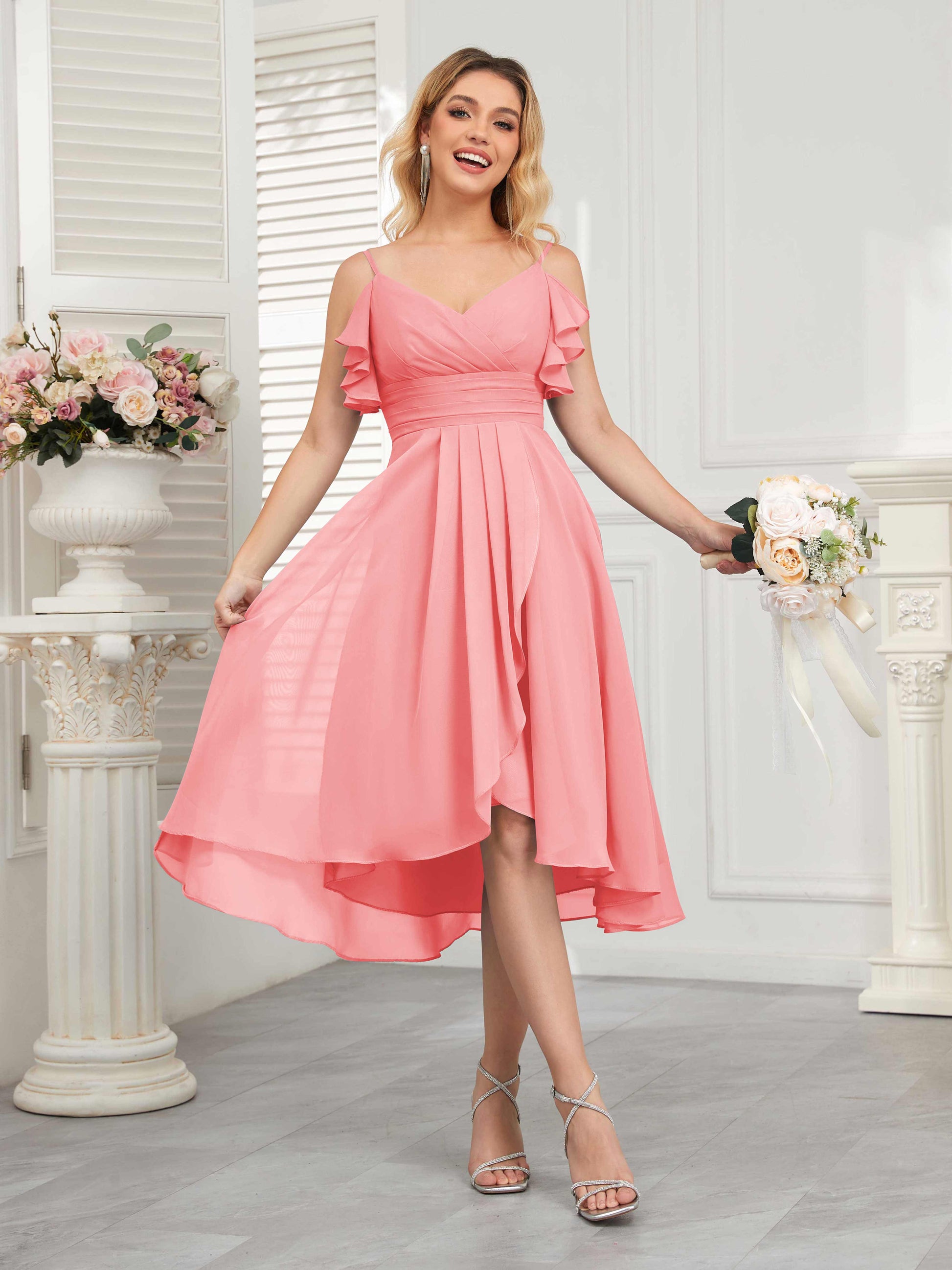 Beautiful Ruffles High Low Knee Length Chiffon Bridesmaid Dresses mollyevers.com Beautiful Ruffles High Low Knee Length Chiffon Bridesmaid Dresses mollyevers.com