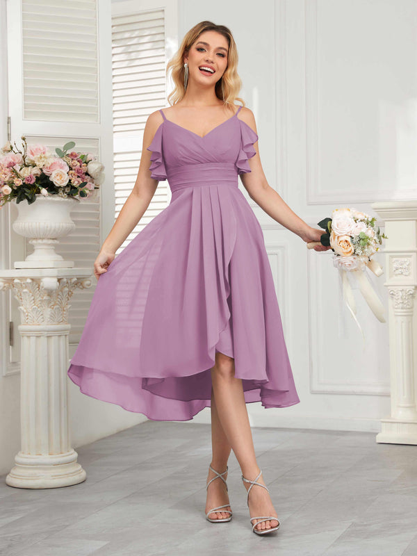 Dusty Purple Beautiful Ruffles High Low Knee Length Chiffon Bridesmaid Dresses