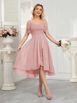 Beautiful Ruffles High Low Knee Length Chiffon Bridesmaid Dresses
