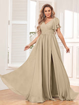 Beautiful BridesmaidV-Neck Lace-Up Back Chiffon  Dresses with Slit