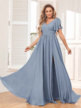 Beautiful BridesmaidV-Neck Lace-Up Back Chiffon  Dresses with Slit