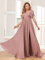 Beautiful BridesmaidV-Neck Lace-Up Back Chiffon  Dresses with Slit