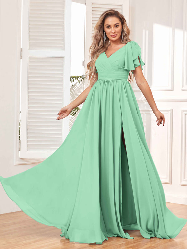 Mint Green Beautiful BridesmaidV-Neck Lace-Up Back Chiffon Dresses with Slit