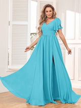 Beautiful BridesmaidV-Neck Lace-Up Back Chiffon  Dresses with Slit