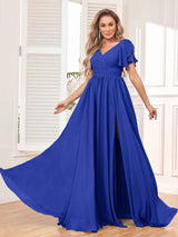 Beautiful BridesmaidV-Neck Lace-Up Back Chiffon  Dresses with Slit