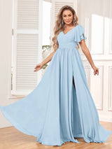 Beautiful BridesmaidV-Neck Lace-Up Back Chiffon  Dresses with Slit