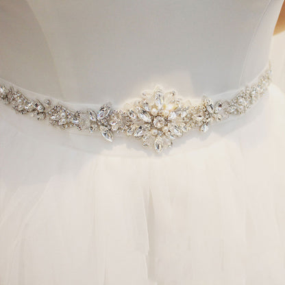 Delicate flower shape imitation pearl rhinestone bridal waist ribbon