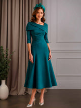 Boat Neck Half Sleeves A-Line Tea-Length Mother of the Bride Dress