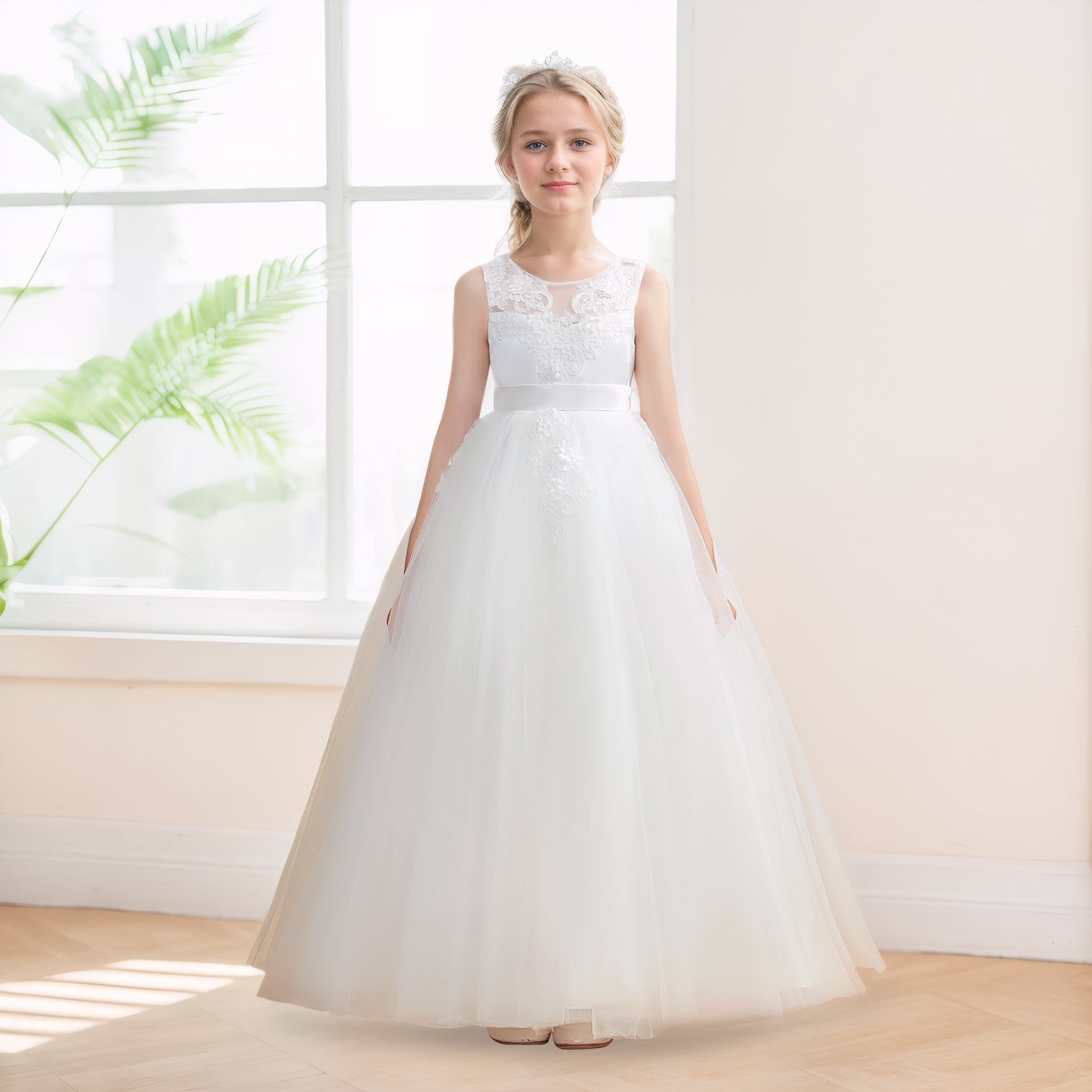 Bold A-Line Scoop Neck Bow Back Tulle Long Flower Girl Dresses