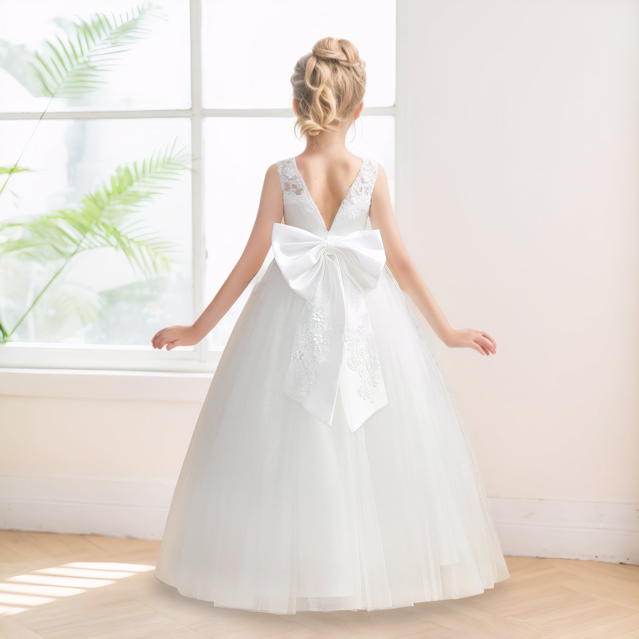 Bold A-Line Scoop Neck Bow Back Tulle Long Flower Girl Dresses