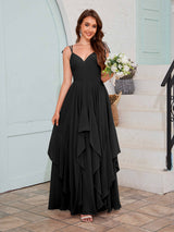 Bold V-Neck Spaghetti Straps Ruffles Chiffon Bridesmaid Dresses