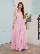 Bold V-Neck Spaghetti Straps Ruffles Chiffon Bridesmaid Dresses