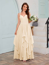 Bold V-Neck Spaghetti Straps Ruffles Chiffon Bridesmaid Dresses